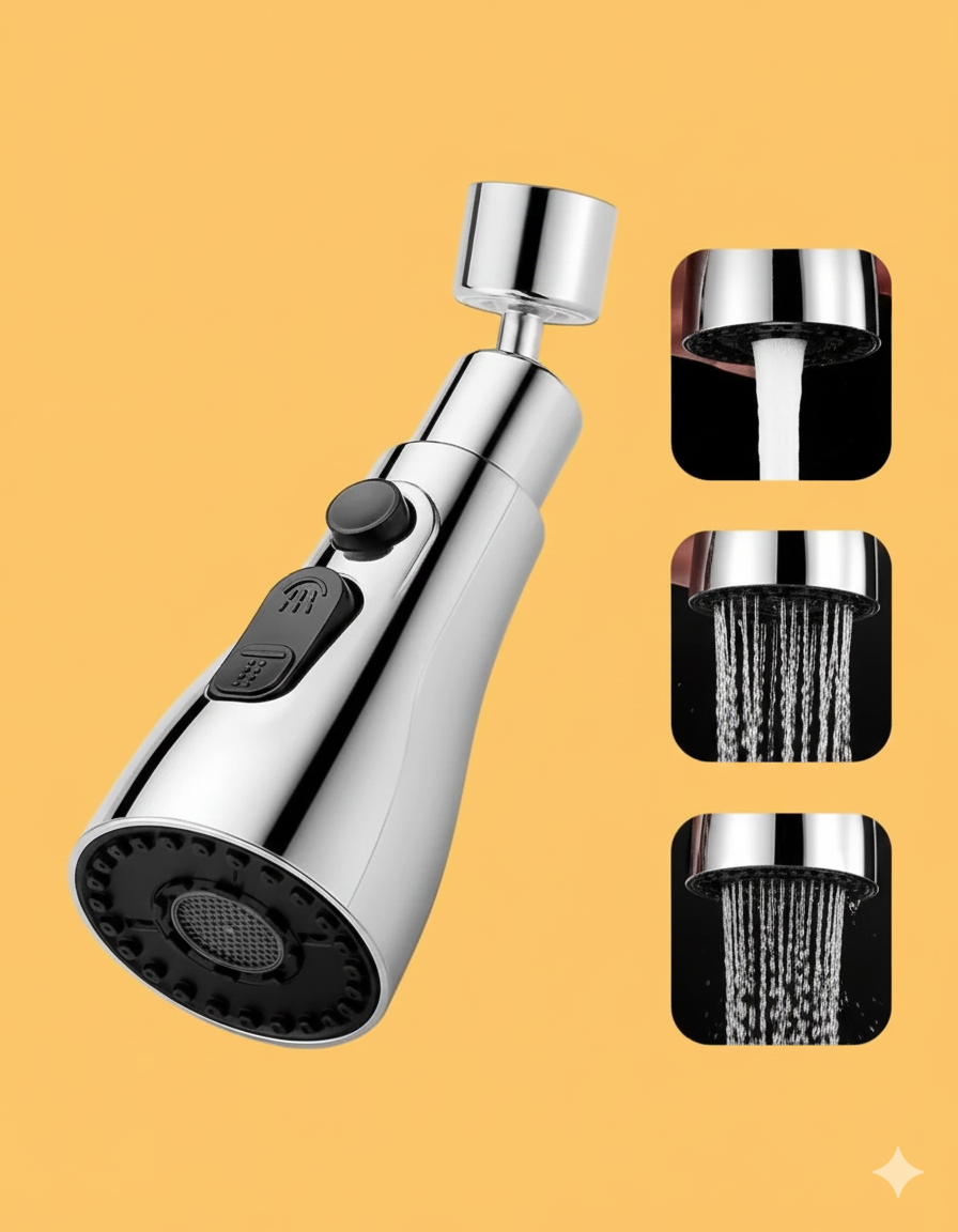 Side-by-side view of the 3 spray modes: soft columnar stream, wide rain shower, and concentrated pressurized spray from the faucet nozzle.