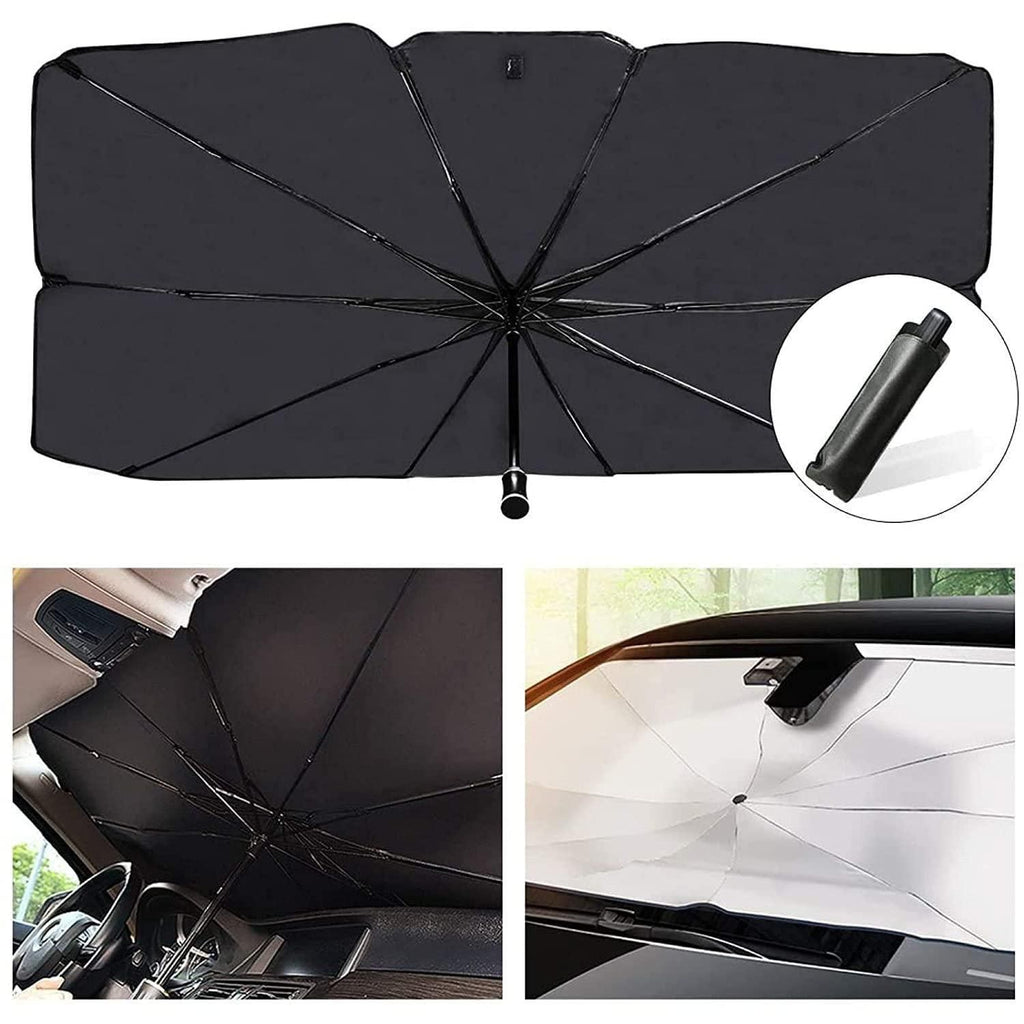 Black car sunshade umbrella with a close-up inset and usage examples inside a car.