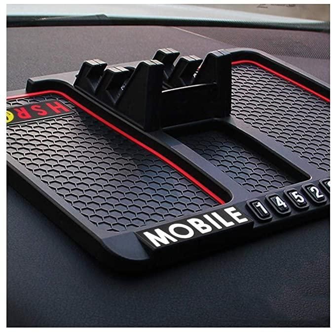 Car dashboard organizer with phone holder and compartments on a car interior background