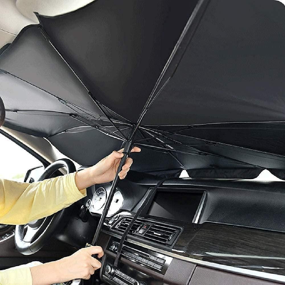 Person holding a black umbrella inside a car