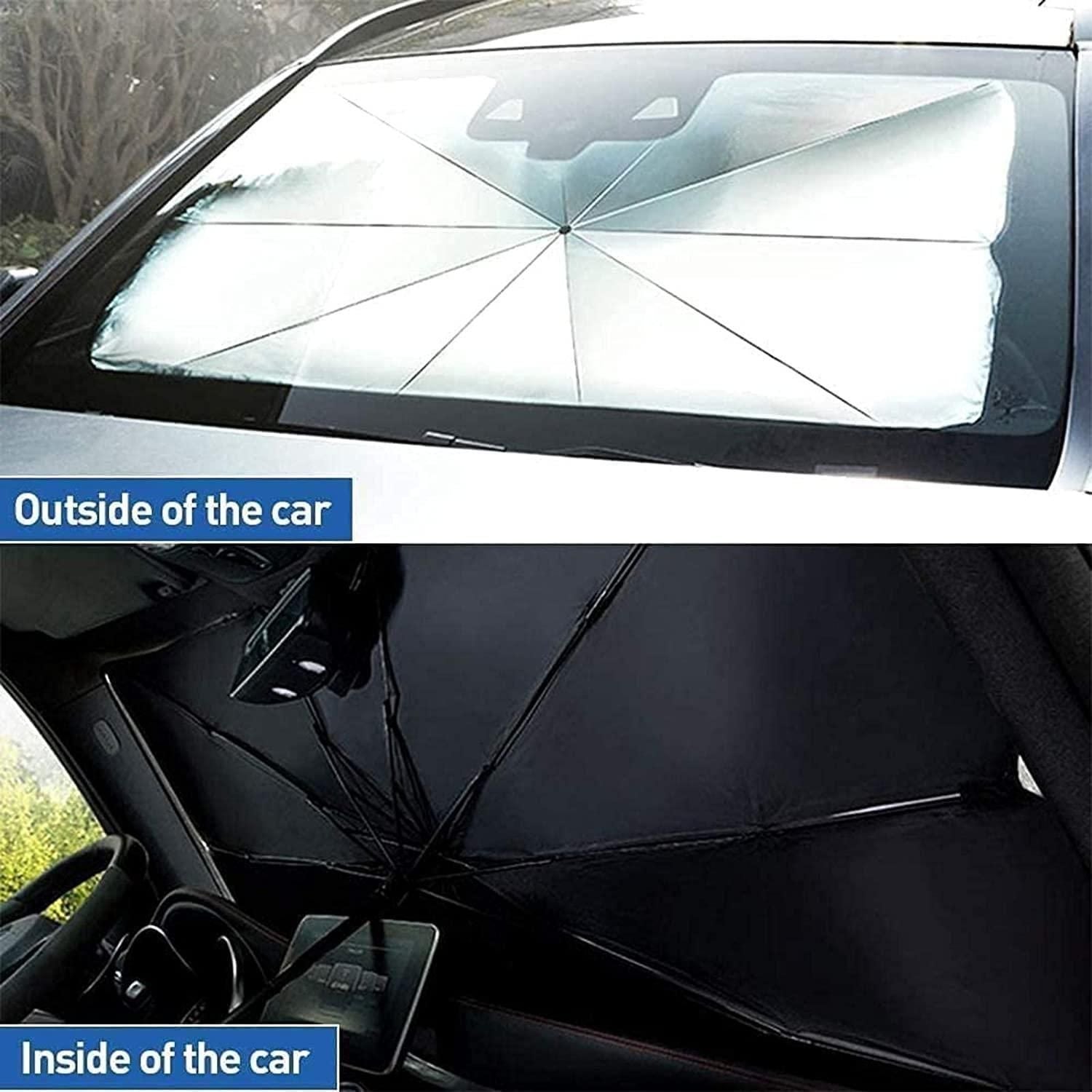 Car sunshade with two views: outside and inside the car.