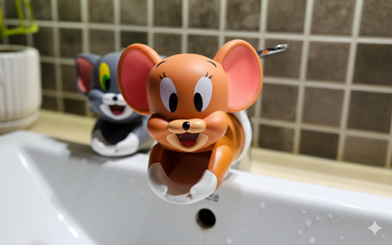 Cartoon mouse faucet extender on a modern chrome tap with water flowing, dark tiled background