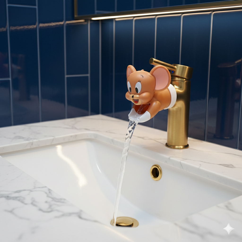Cartoon mouse faucet extender on a modern chrome faucet with a hexagonal tile background