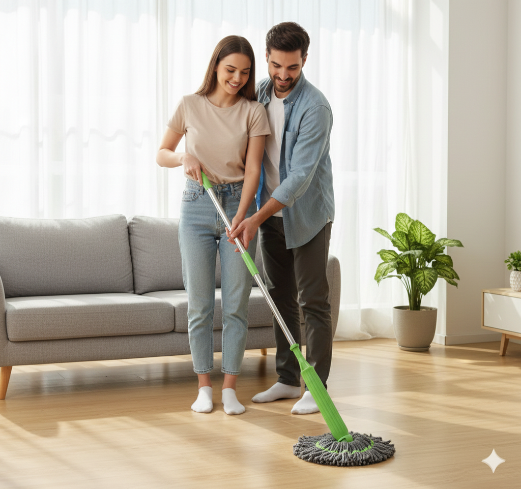 A man and a woman in a bright living room, both smiling and looking down at a green and grey mop on a wooden floor. The man is holding the mop's handle, appearing to show the woman how to use it.