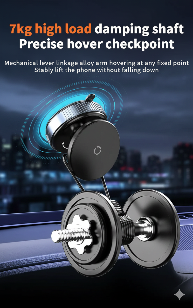 Magnetic phone holder showcasing its 7kg high load capacity with a damping shaft and precise hover checkpoint, keeping the phone stable.