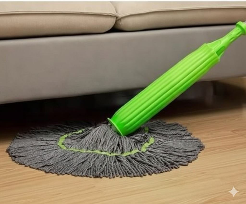 A green and grey mop head reaching under a light-colored sofa to clean the wooden floor beneath it, demonstrating its ability to access tight spaces.
