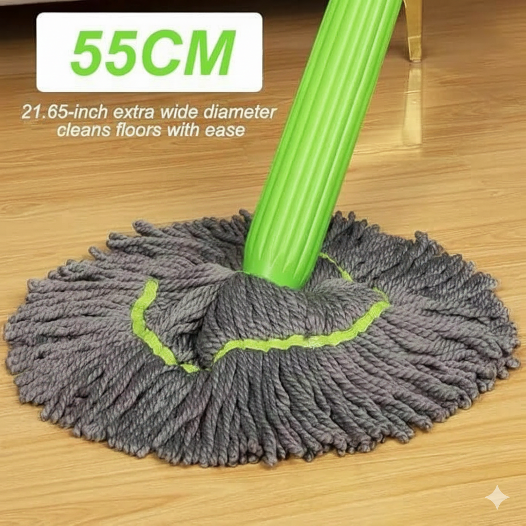 A close-up of a green and grey mop head on a wooden floor, with text overlays indicating "55CM" and "21.65-inch extra wide diameter cleans floors with ease.