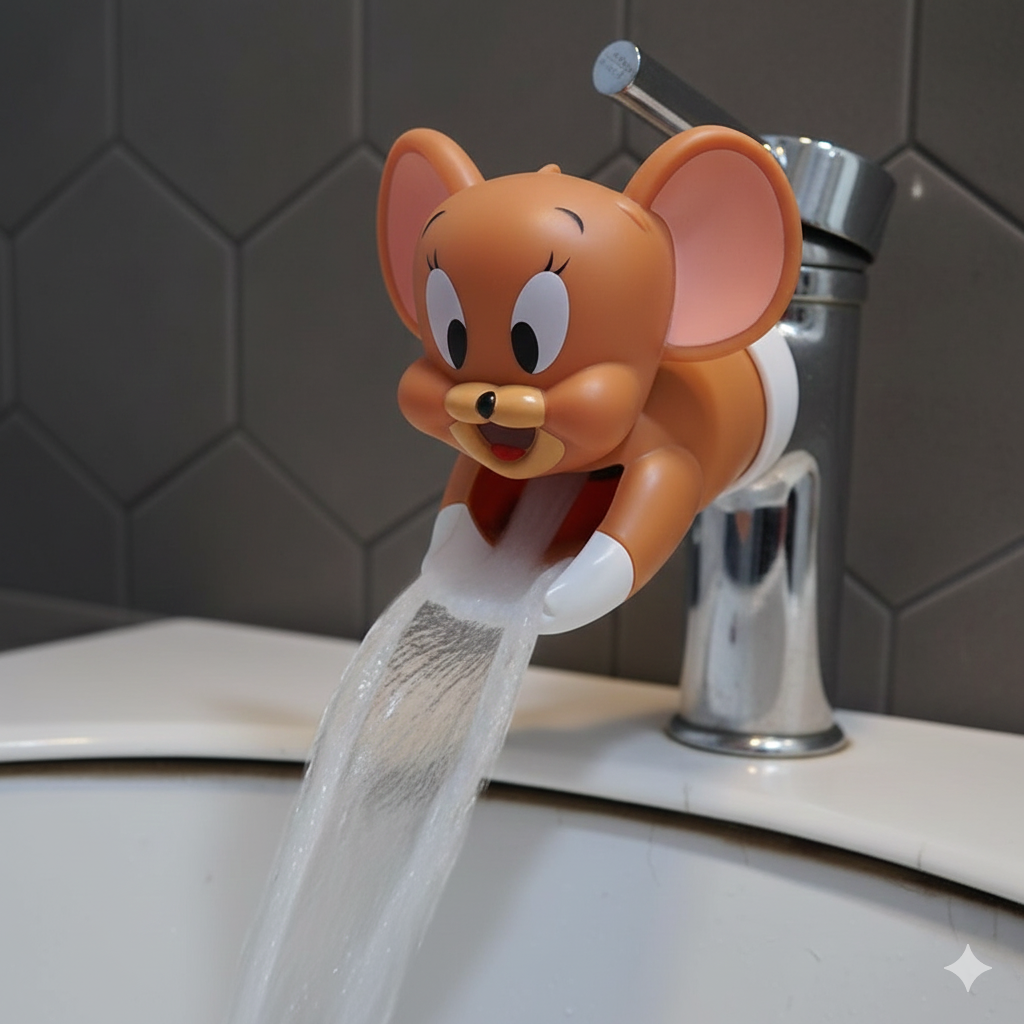 Cartoon mouse faucet extender on a modern sink with hexagonal tiles