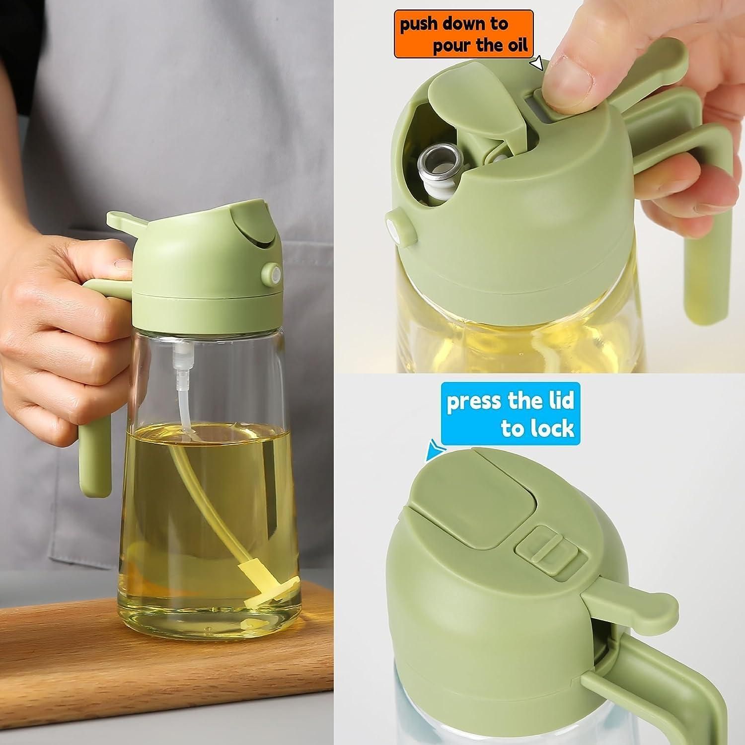 Collage of a green oil dispenser with instructions on how to use it.