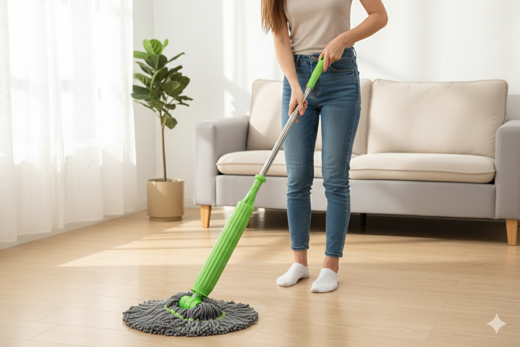 A person from the waist down is shown mopping a wooden floor with a green and grey mop. They are wearing jeans and white socks, standing in a brightly lit room with a grey sofa and a potted plant in the background.