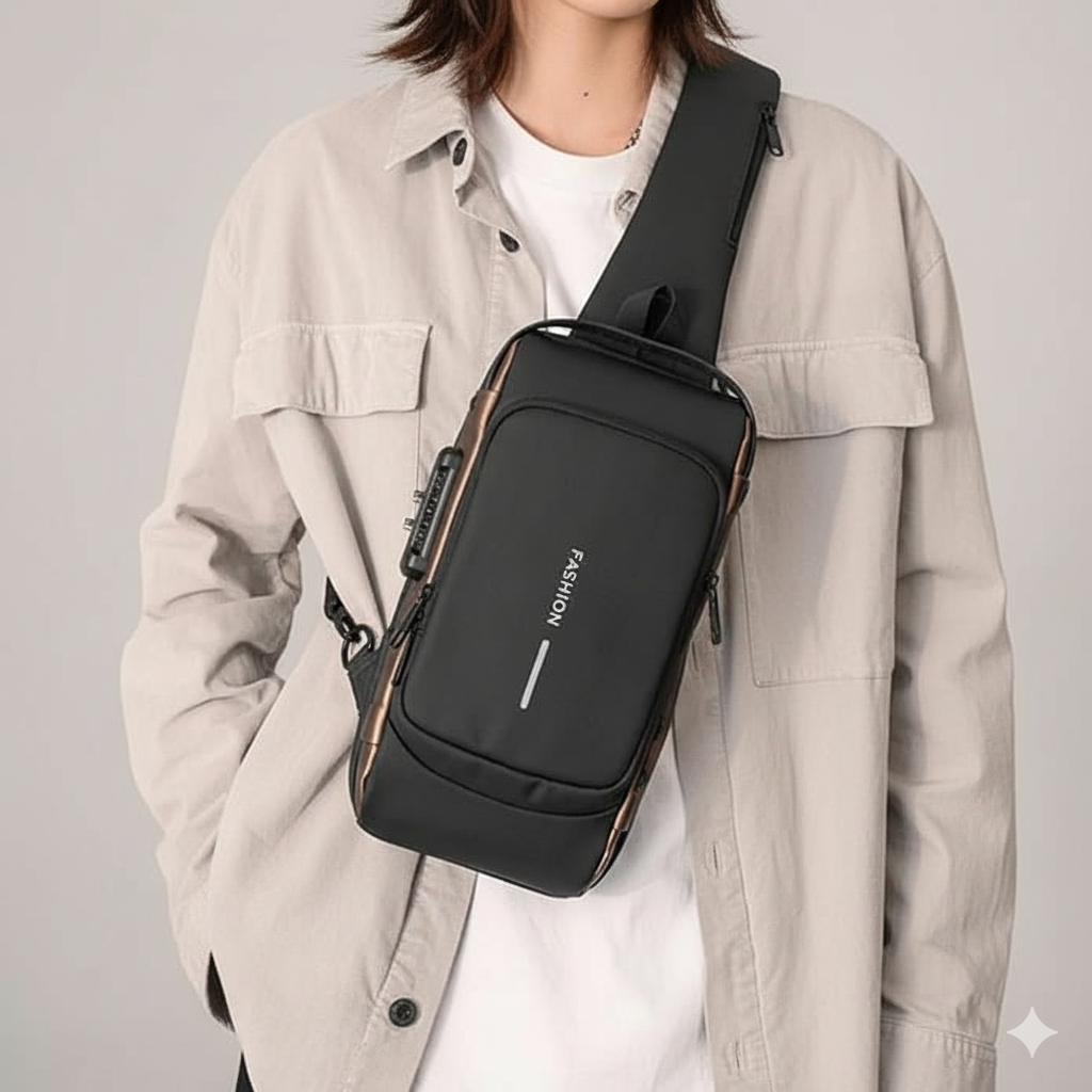 Person wearing a black crossbody bag with 'FASHION' text on a plain background