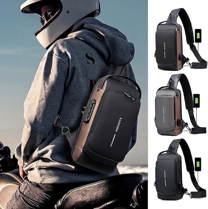 Person wearing a black crossbody bag with USB charging port, sitting on a motorcycle.
