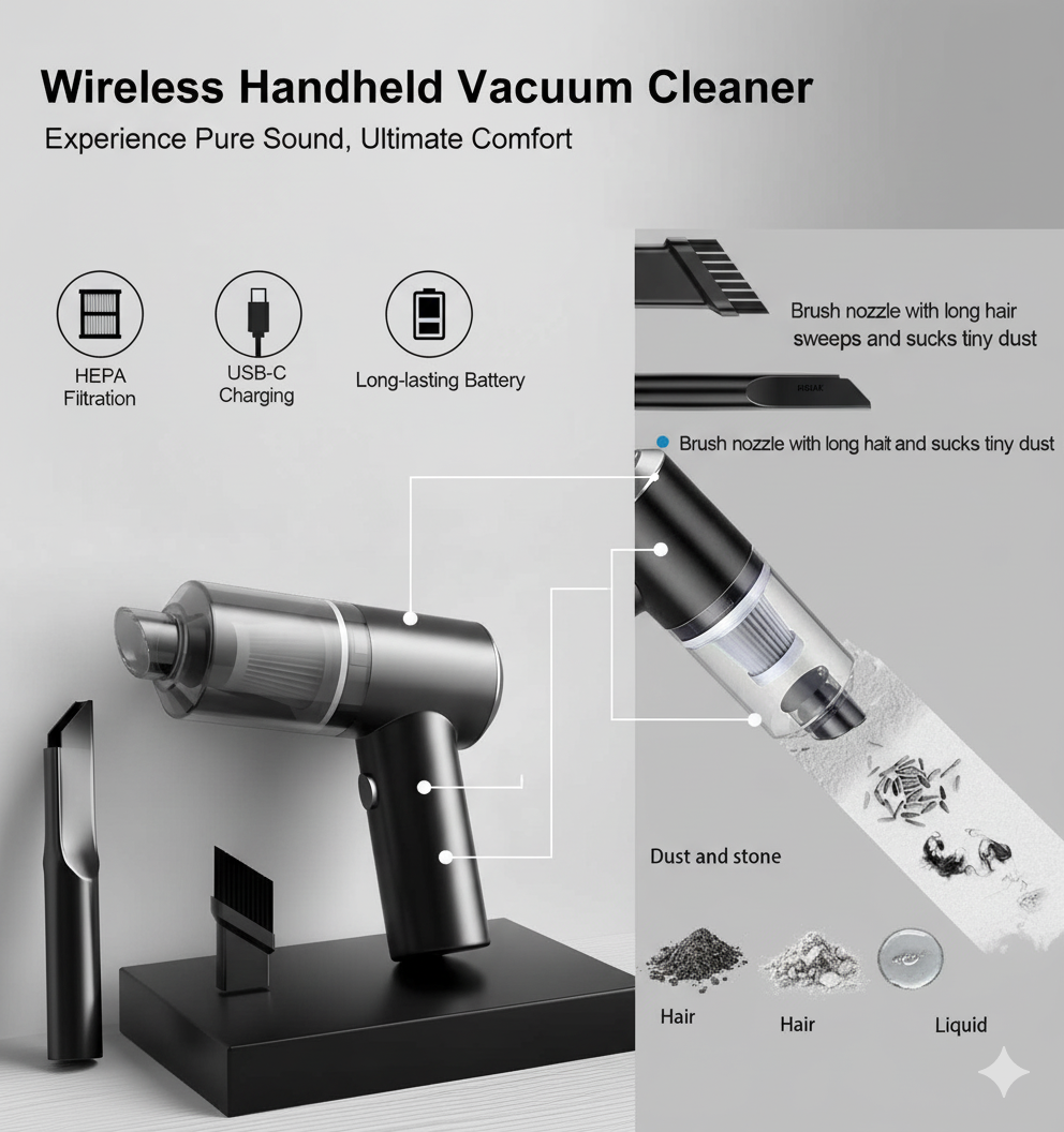 Wireless handheld vacuum cleaner with features highlighted on a gray background