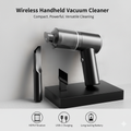 Wireless handheld vacuum cleaner with HEPA filtration, USB-C charging, and long-lasting battery features on a gray background.