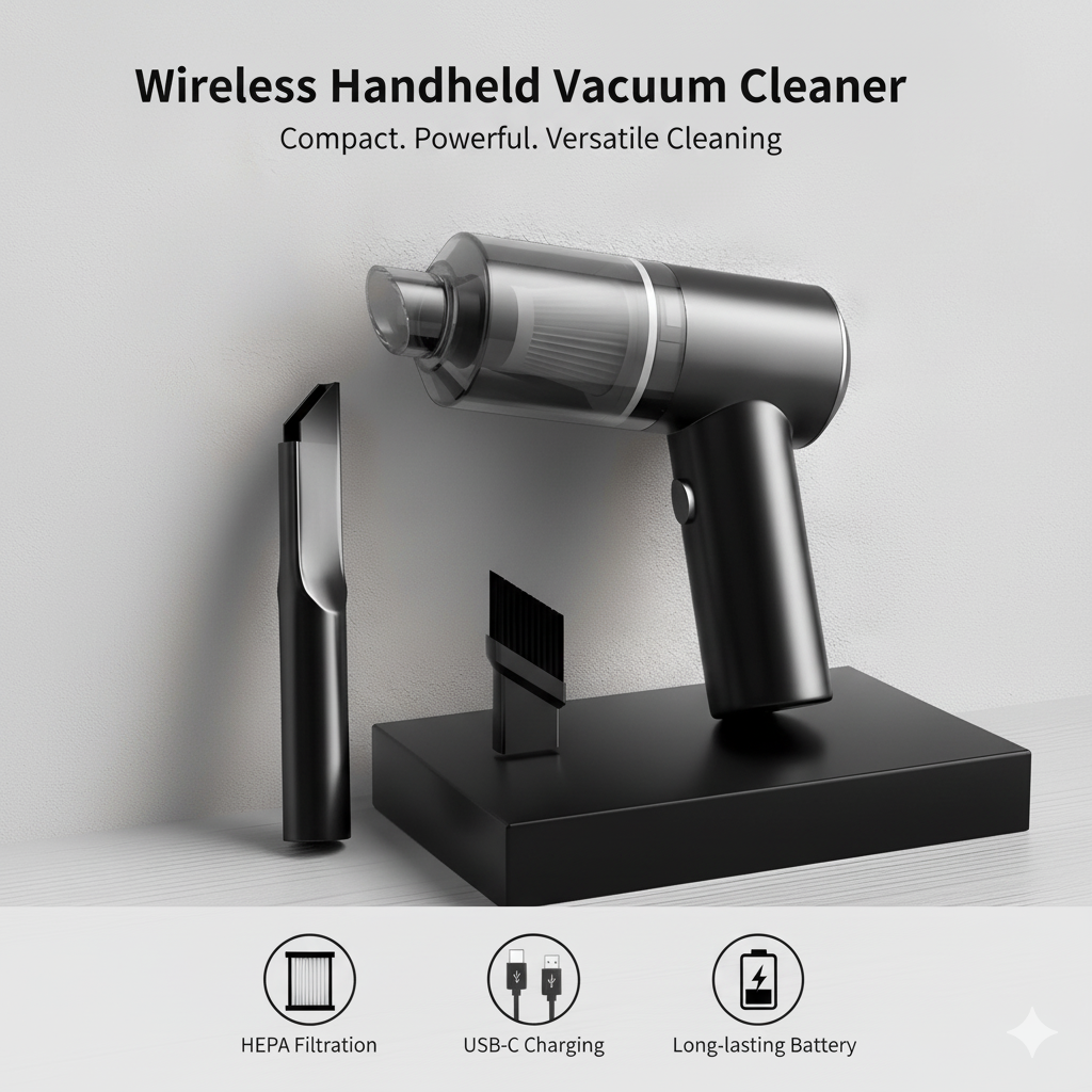 Wireless handheld vacuum cleaner with HEPA filtration, USB-C charging, and long-lasting battery features on a gray background.