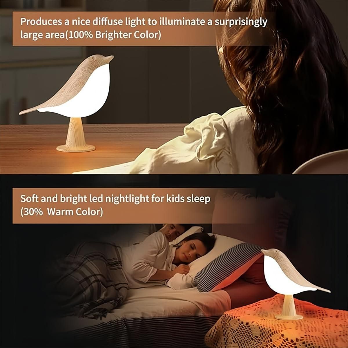 The Bird Lamp showing two light modes: a bright diffuse light (100% brighter color) for illumination, and a soft warm nightlight (30% warm color) for sleeping.