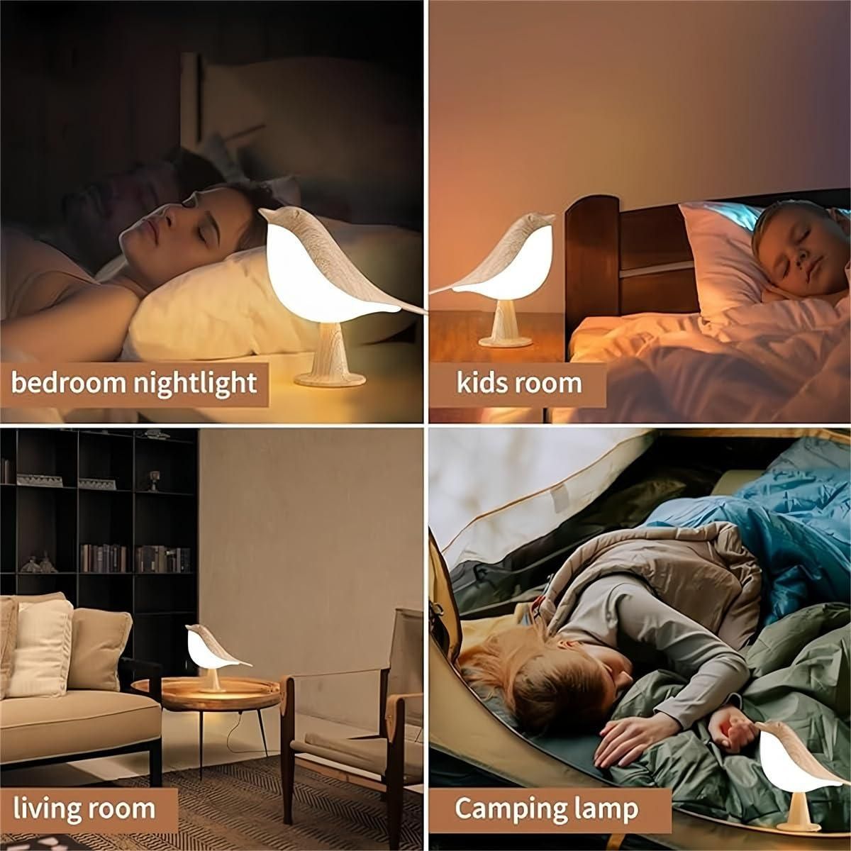 Split-screen image showing the versatile uses of the bird lamp: bedroom nightlight, kids room light, living room accent, and camping lantern.