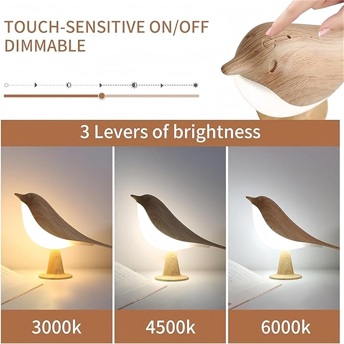 Graphic showing the touch-sensitive dimmable feature and the 3 brightness levels/color temperatures: 3000K (Warm), 4500K (Neutral), and 6000K (Cool).