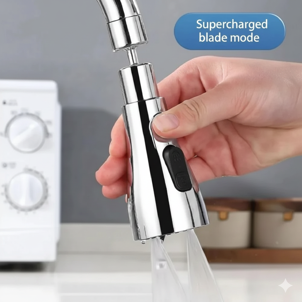 Hand operating a chrome kitchen faucet spray head, showing the 'Supercharged blade mode' (a concentrated, powerful jet of water).