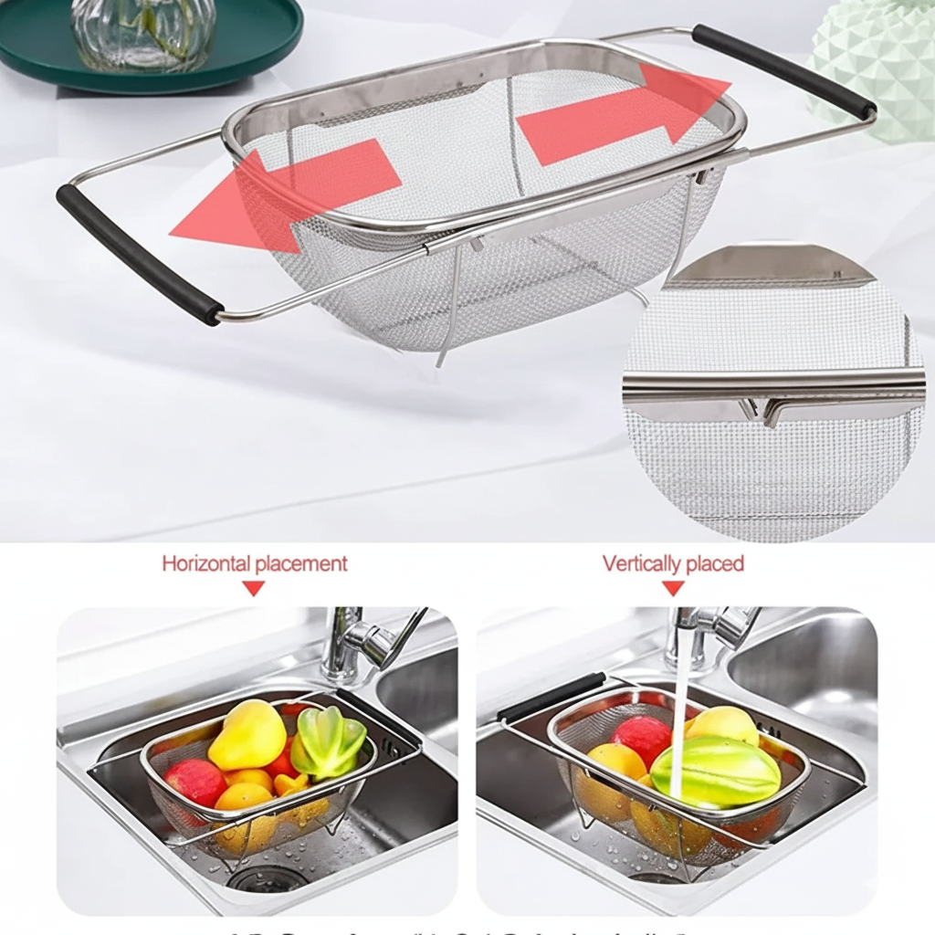 Adjustable stainless steel colander illustrating both horizontal and vertical placement options with red arrows showing handle extension.