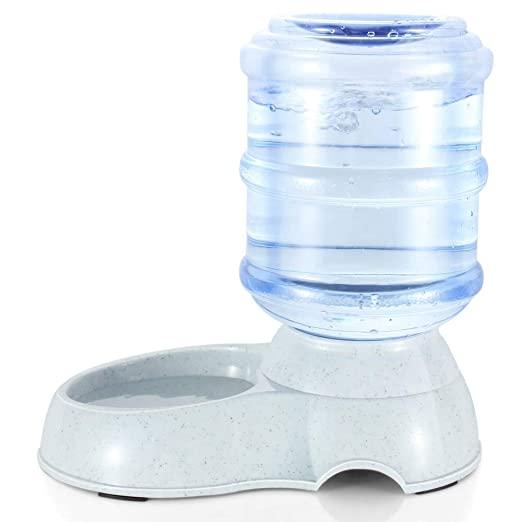 Pet water bottle and bowl dispenser on a white background