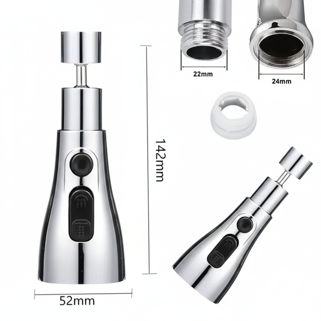 Dimensions and connection sizes for the chrome faucet aerator attachment: 142mm height, 52mm width, with 22mm male and 24mm female thread options.