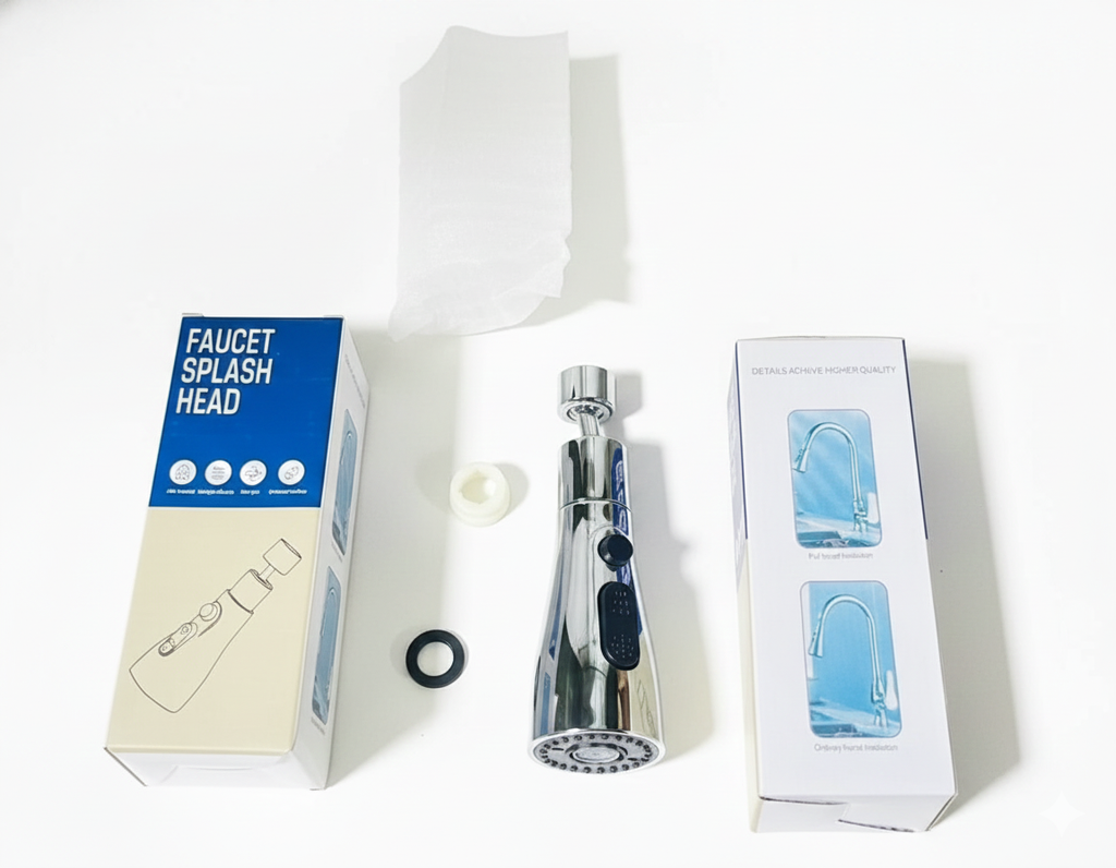 Product box and contents for a Faucet Splash Head, including the chrome nozzle, white plastic connector, and black rubber washer.
