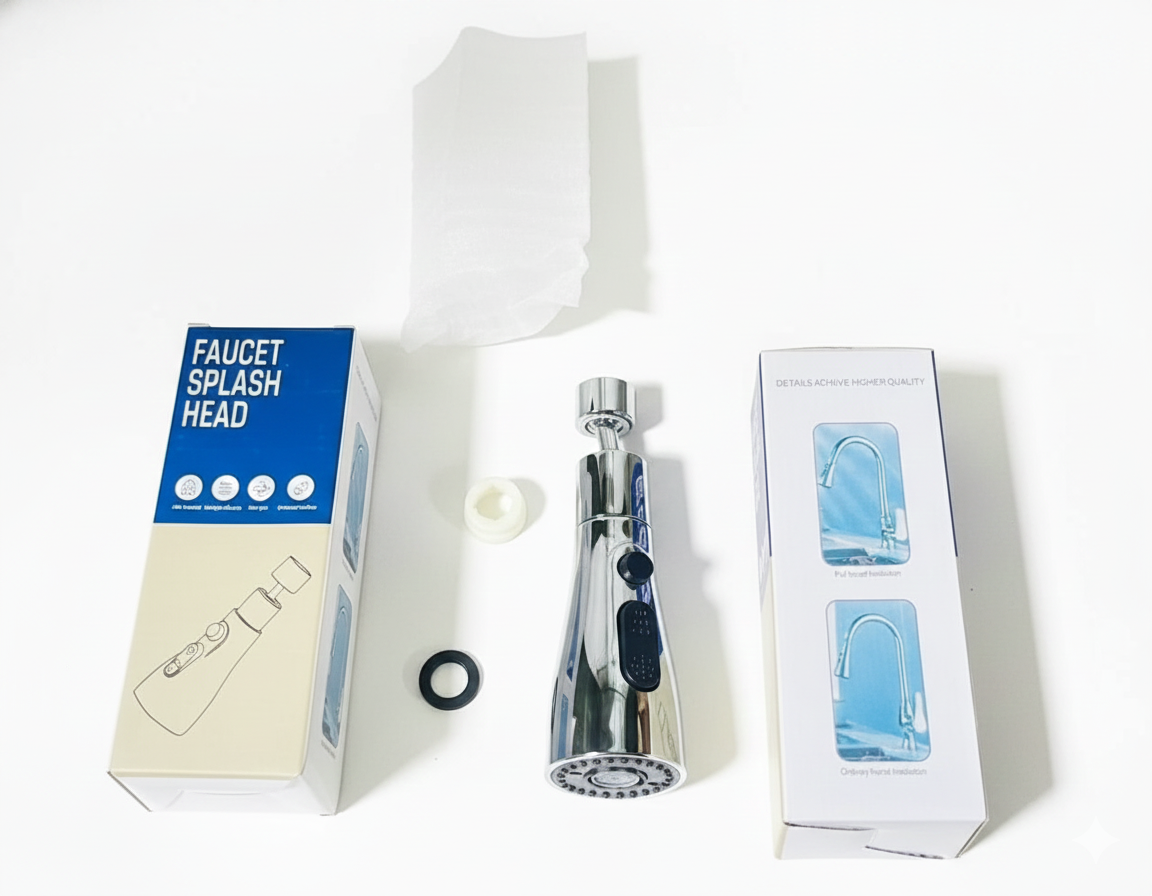 Product box and contents for a Faucet Splash Head, including the chrome nozzle, white plastic connector, and black rubber washer.