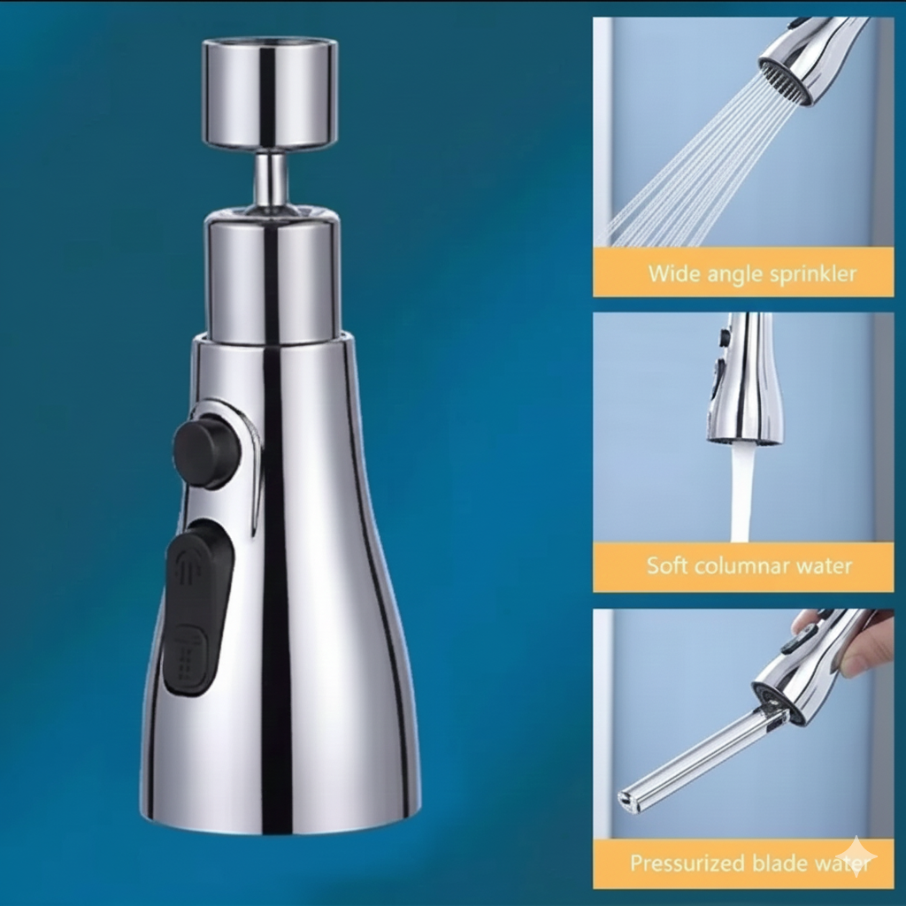 Three water mode display: wide angle sprinkler (shower mode), soft columnar water (stream), and pressurized blade water (jet spray) from the kitchen tap head.