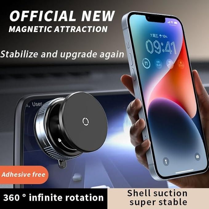 Image showing the phone holder attached to a car screen, highlighting "Adhesive free," "360° infinite rotation," and "Shell suction super stable."
