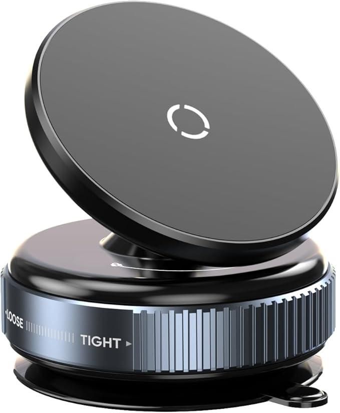 Close-up of the Magnetic Suction Phone Holder showing the shiny black magnetic surface, the ball joint, and the adjustable 'LOOSE / TIGHT' suction base.