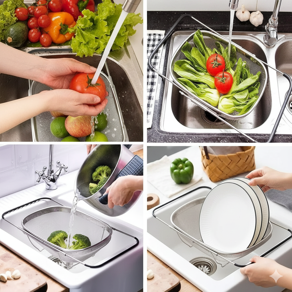 Collage showing the colander's versatility: washing vegetables, draining pasta/broccoli, and air-drying dishes over the sink.