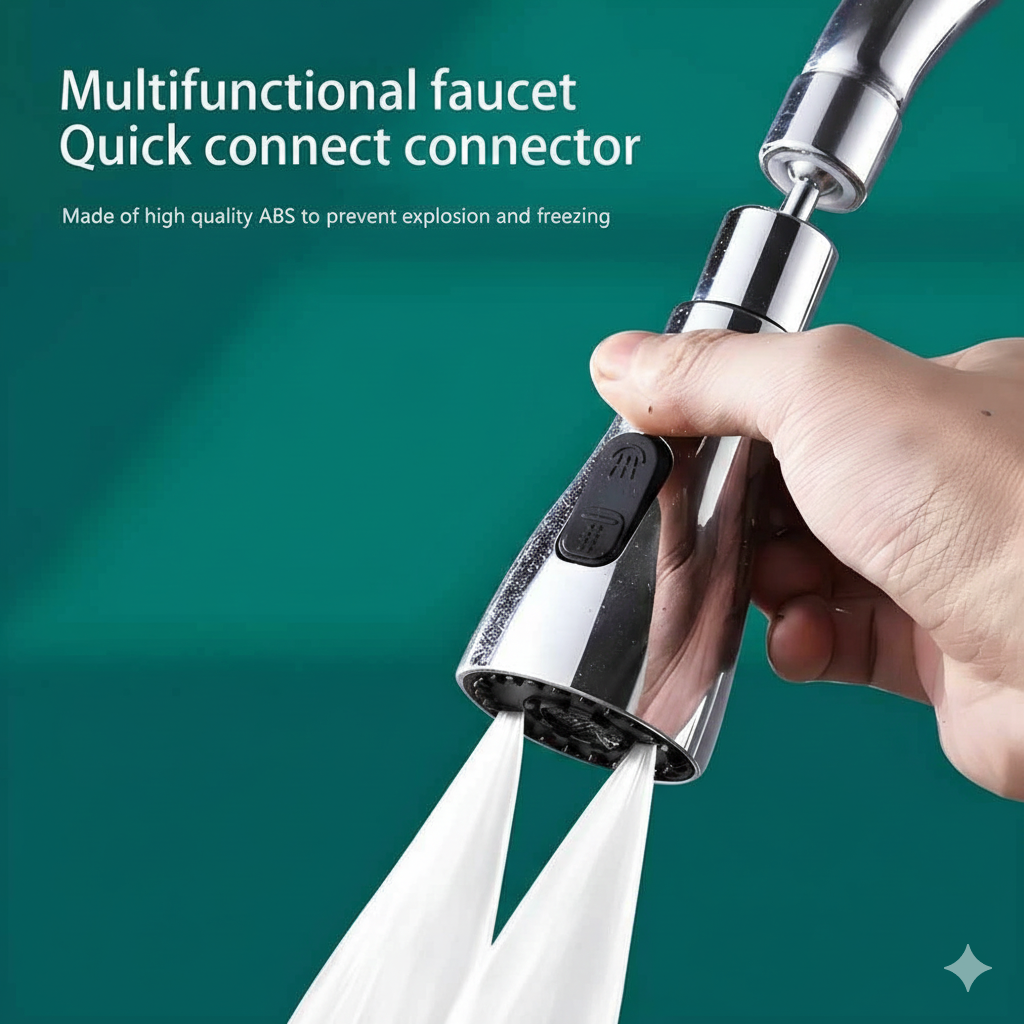 Multifunctional faucet quick connect adapter, made of ABS, displaying two concentrated jets of water flowing from the spray head.