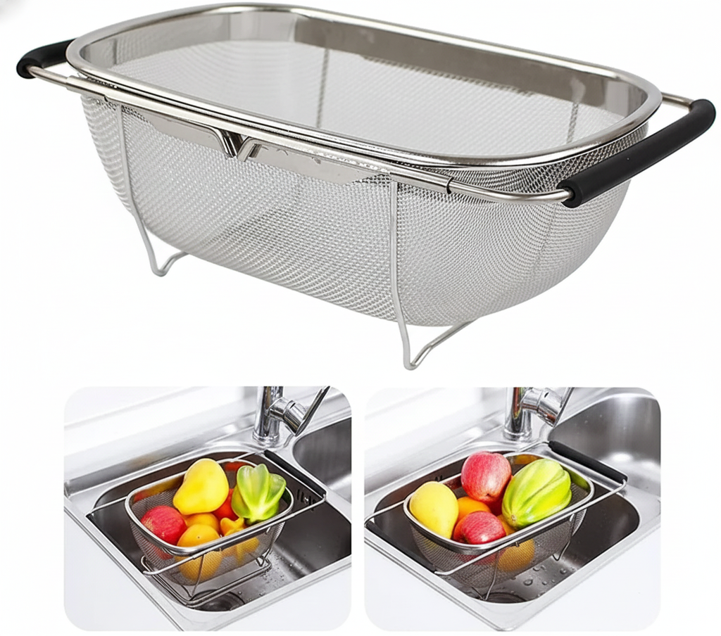 Top-down view of the oval stainless steel colander with adjustable black handles, shown in two sizes in a double sink.