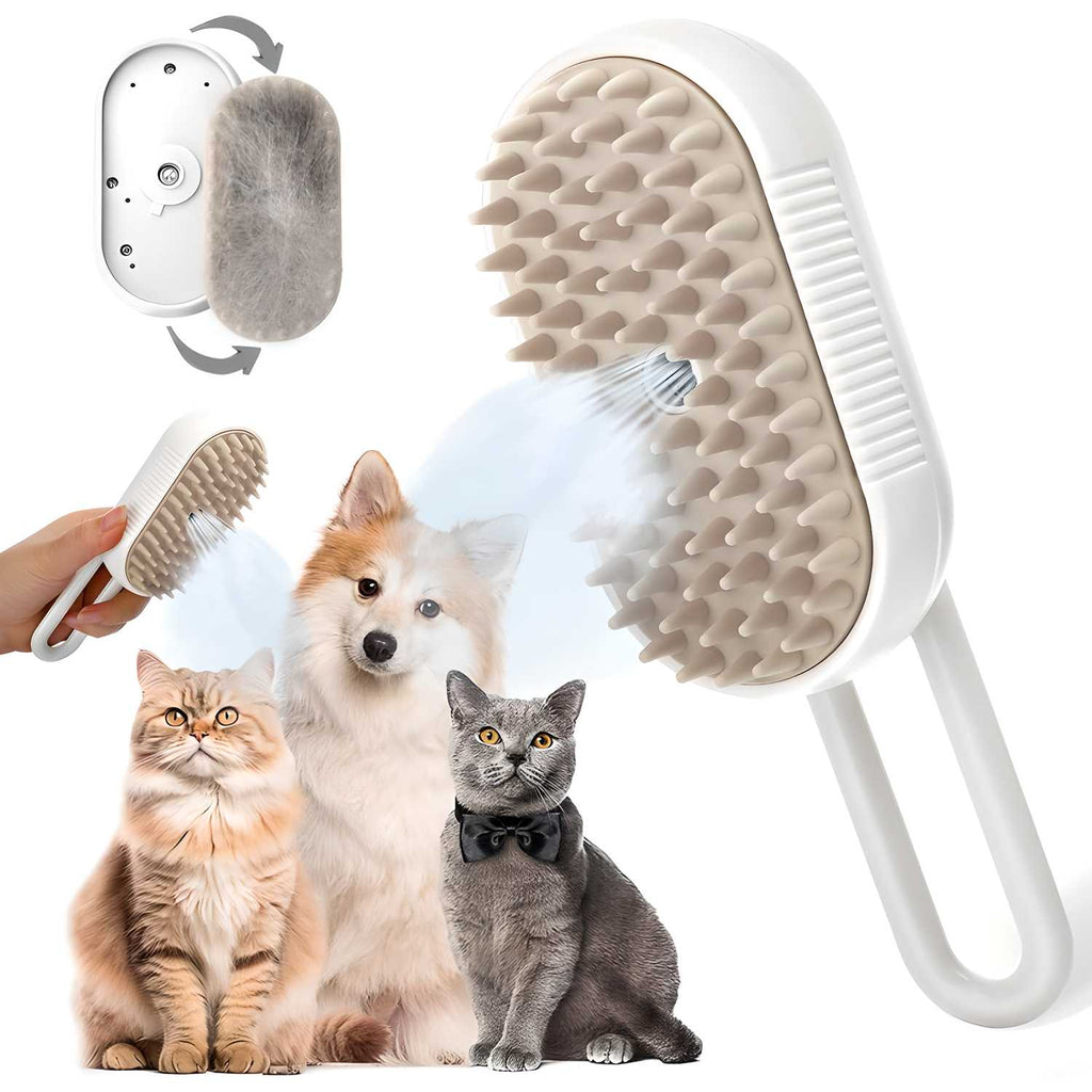 A four-step visual guide showing how to use the pet steam brush: 1. Add water, 2. Press switch, 3. Spray and comb a cat, 4. Remove accumulated lint from the brush.