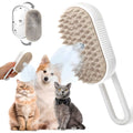 A four-step visual guide showing how to use the pet steam brush: 1. Add water, 2. Press switch, 3. Spray and comb a cat, 4. Remove accumulated lint from the brush.