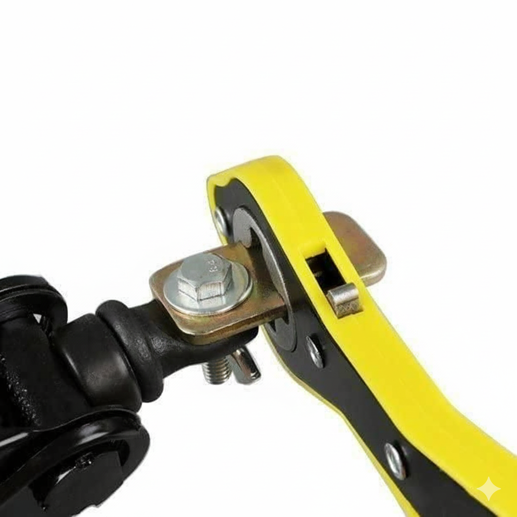 A yellow and black ratchet wrench tightens a bolt on a black mechanism against a white background.