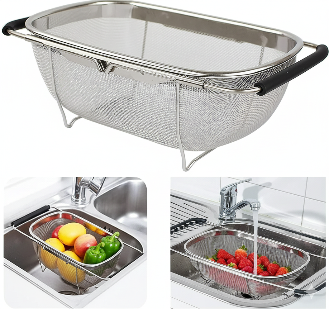 Adjustable stainless steel oval colander showing horizontal and vertical sink placement options
