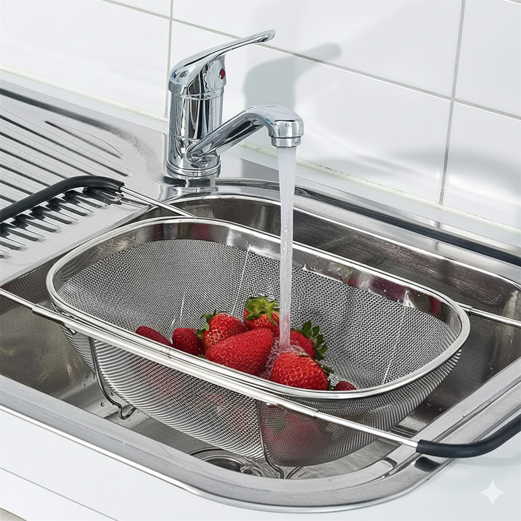 Large stainless steel colander (36x9 cm) resting over a sink basin, draining water from fresh strawberries and raspberries.