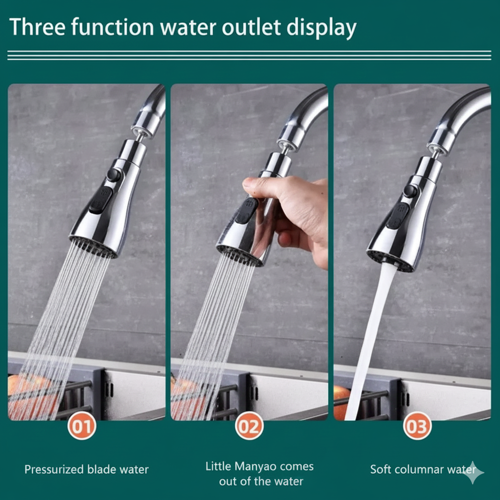 Close-up of the faucet head displaying its three distinct water outlet functions: pressurized blade water, 'Little Manyao' mist spray, and soft columnar water.